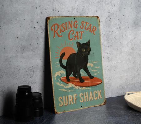 Retro Surf Cat Metal Sign