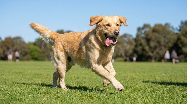 Happy labrador retriever running outdoors to prevent boredom and lick granuloma