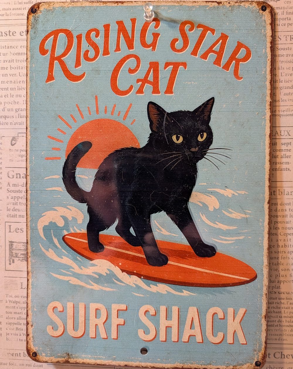 Retro Surf Cat Metal Sign